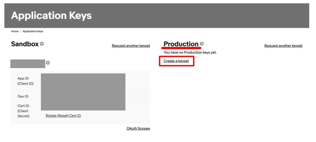 eBay Developers ProgramのProduction Keyset作成画面