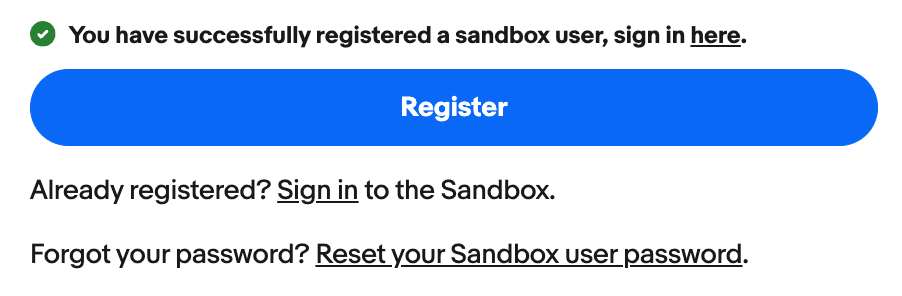 eBay Sandboxテストユーザー登録完了メッセージ