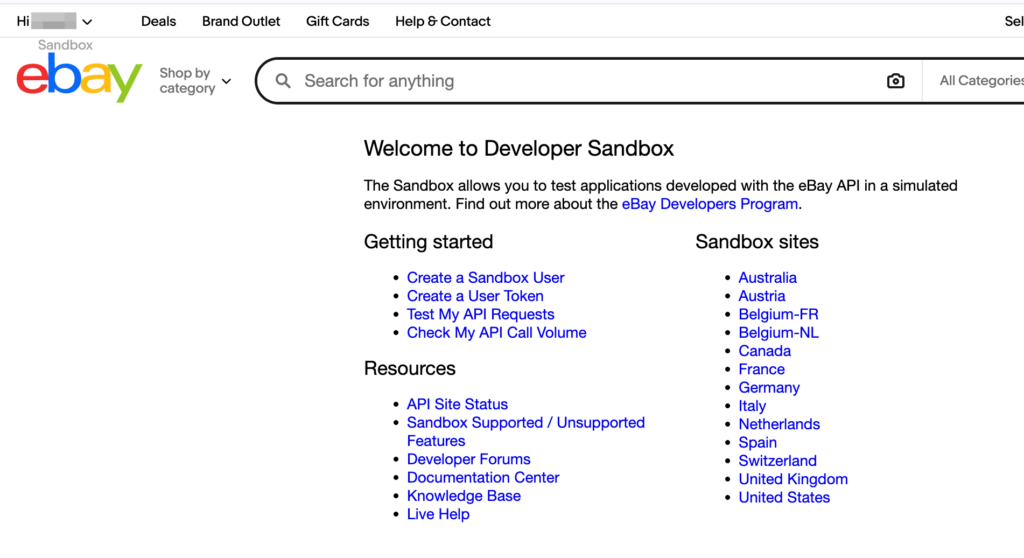 eBay Sandboxのトップ画面