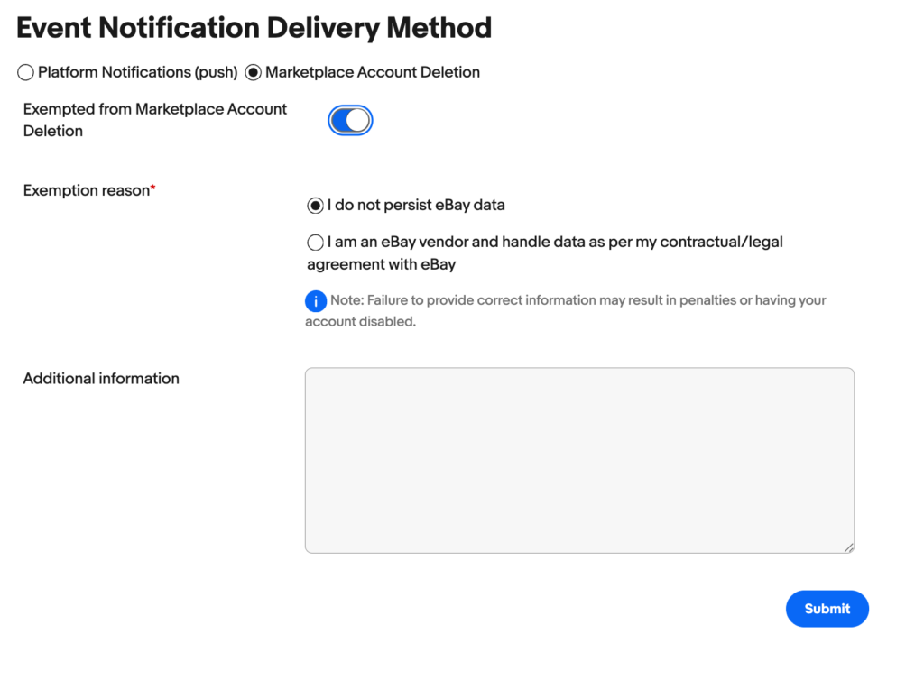 I do not persist eBay dataを選択する免除申請画面