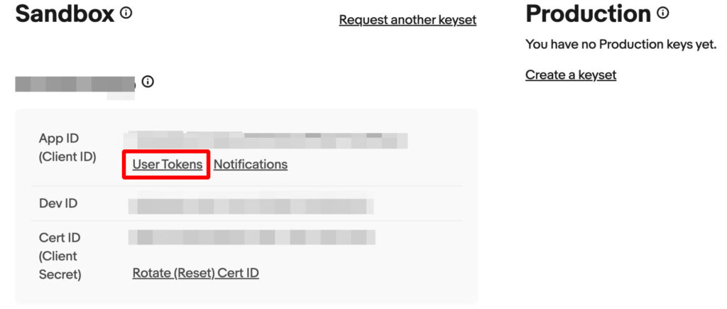 eBay Developers ProgramのSandbox User Tokens画面